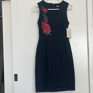 Alexia Admor Dark Blue Dress with Red Floral Embroidery